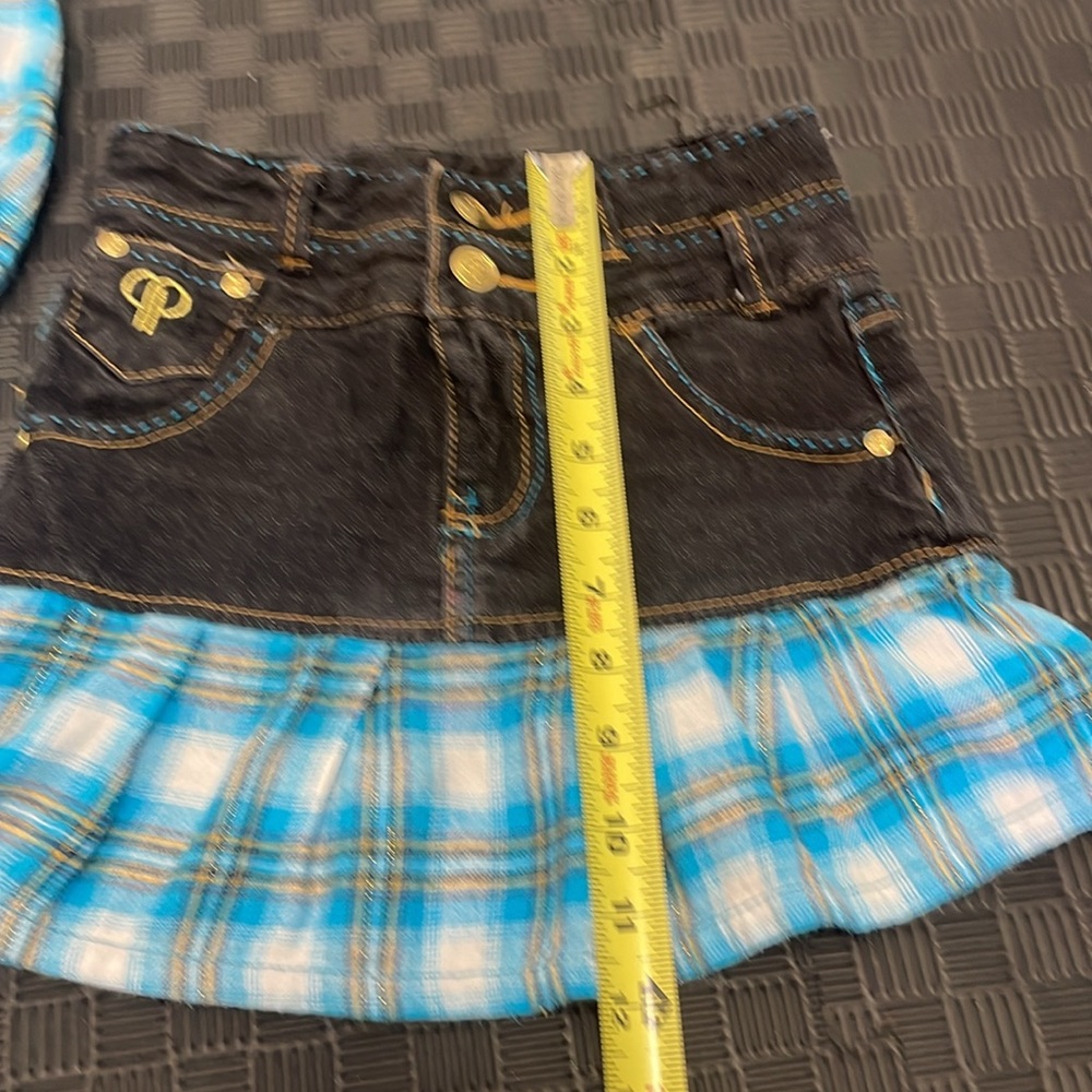 Pelle Pelle black jean skirt with blue & white flannel matching ruffled top sz 7 - Picture 5 of 13